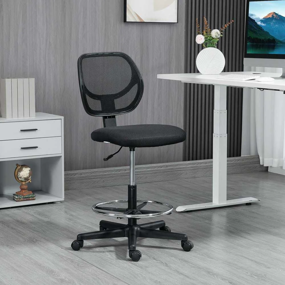 Vinsetto biuro kėdė ergonomiška pasukama kėdė su reguliuojamu kojų žiedu, reguliuojamo aukščio 93-113 cm, su ratukais, juoda