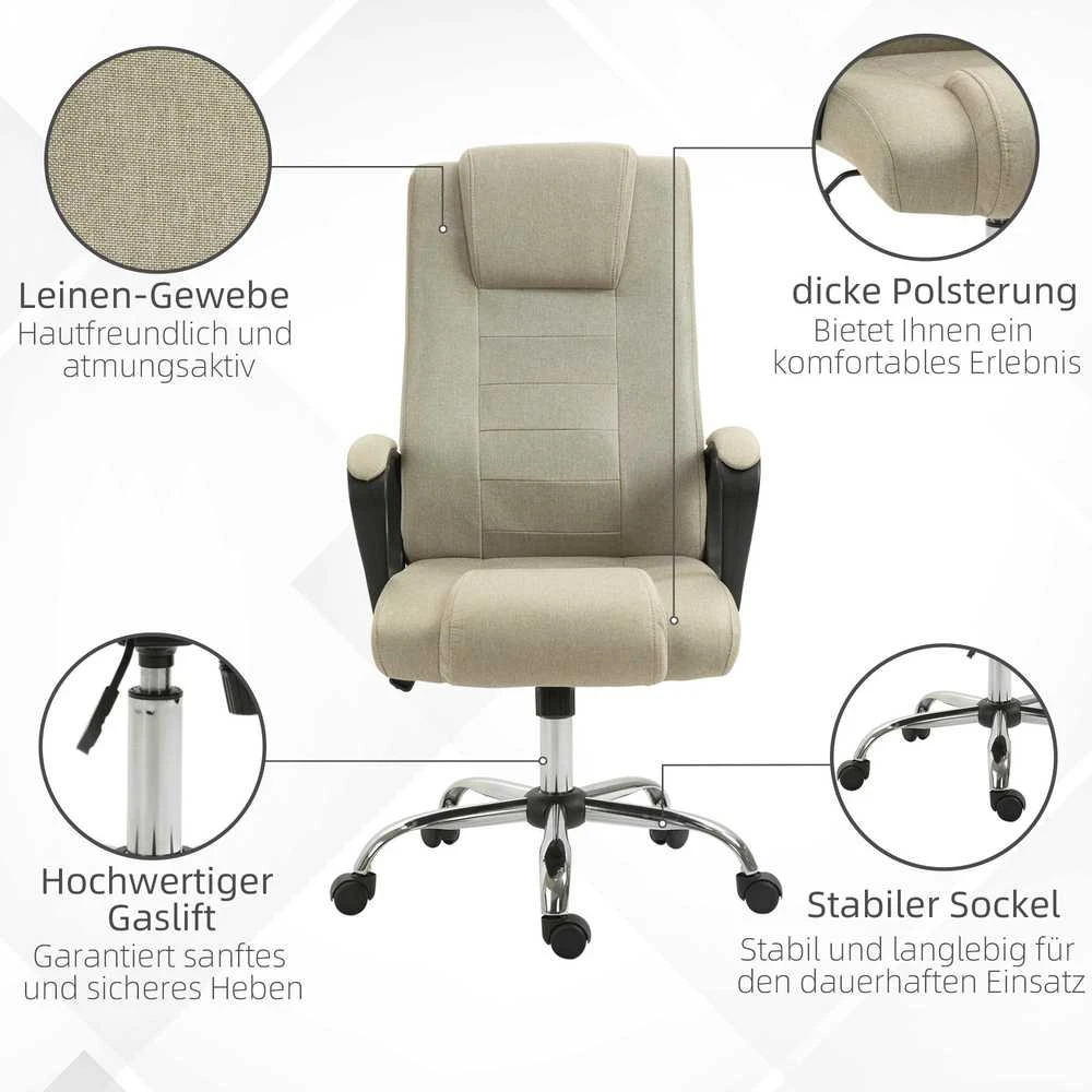 Vinsetto biuro kėdė, ergonomiška darbo kėdė su galvos atrama, reguliuojamo aukščio kompiuterio kėdė su lino išvaizdos apdaila, besisukanti kėdė namų biurui, smėlio spalvos