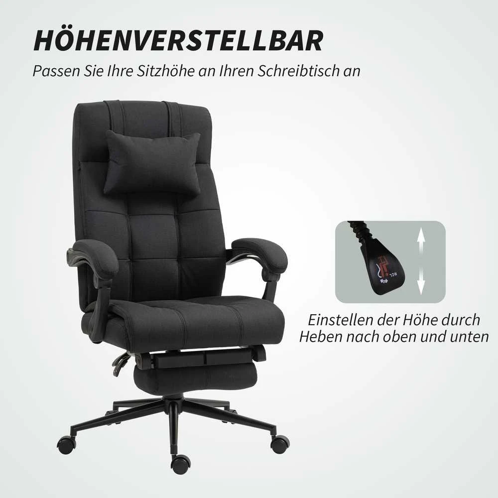 Vinsetto ergonominė biuro kėdė su atlošimo funkcija, galvos atrama, porankiais, reguliuojamu aukščiu ir kojų atrama, juoda