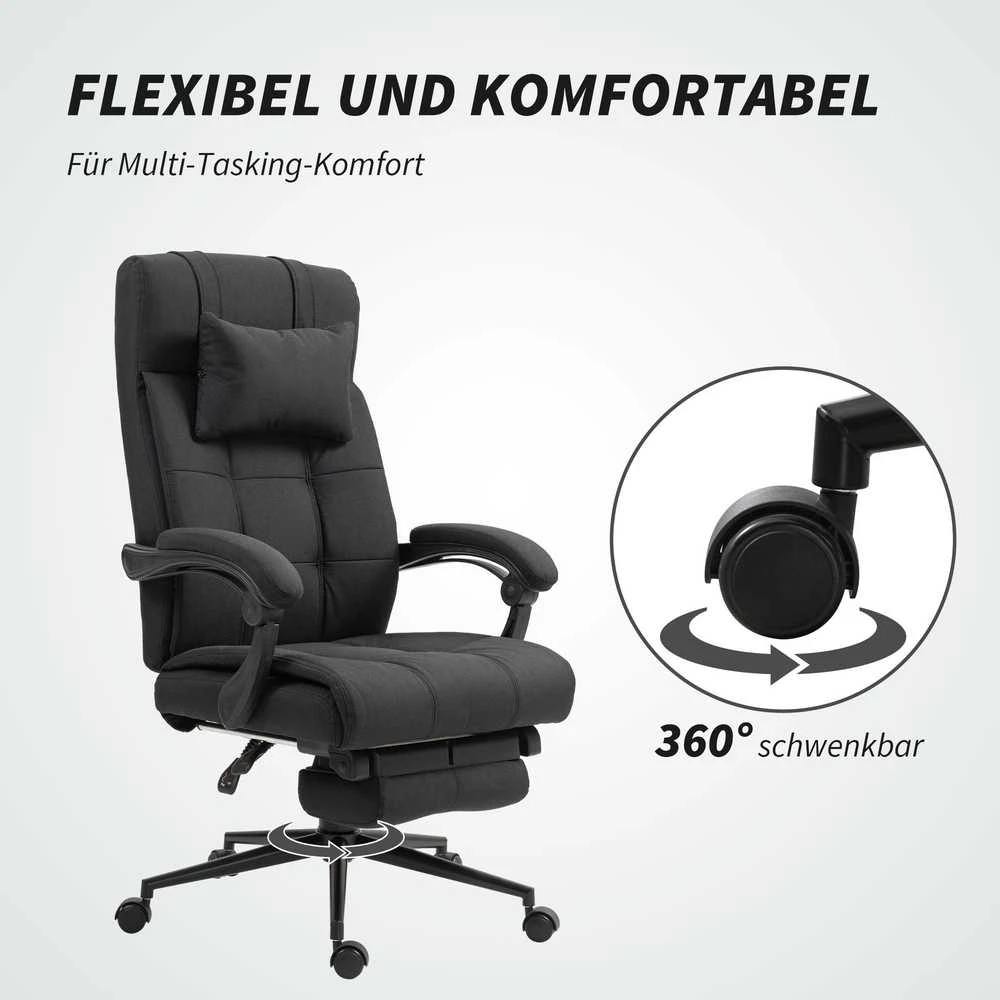 Vinsetto ergonominė biuro kėdė su atlošimo funkcija, galvos atrama, porankiais, reguliuojamu aukščiu ir kojų atrama, juoda