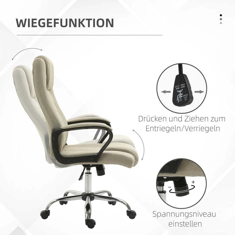 Vinsetto biuro kėdė, ergonomiška darbo kėdė su galvos atrama, reguliuojamo aukščio kompiuterio kėdė su lino išvaizdos apdaila, besisukanti kėdė namų biurui, smėlio spalvos