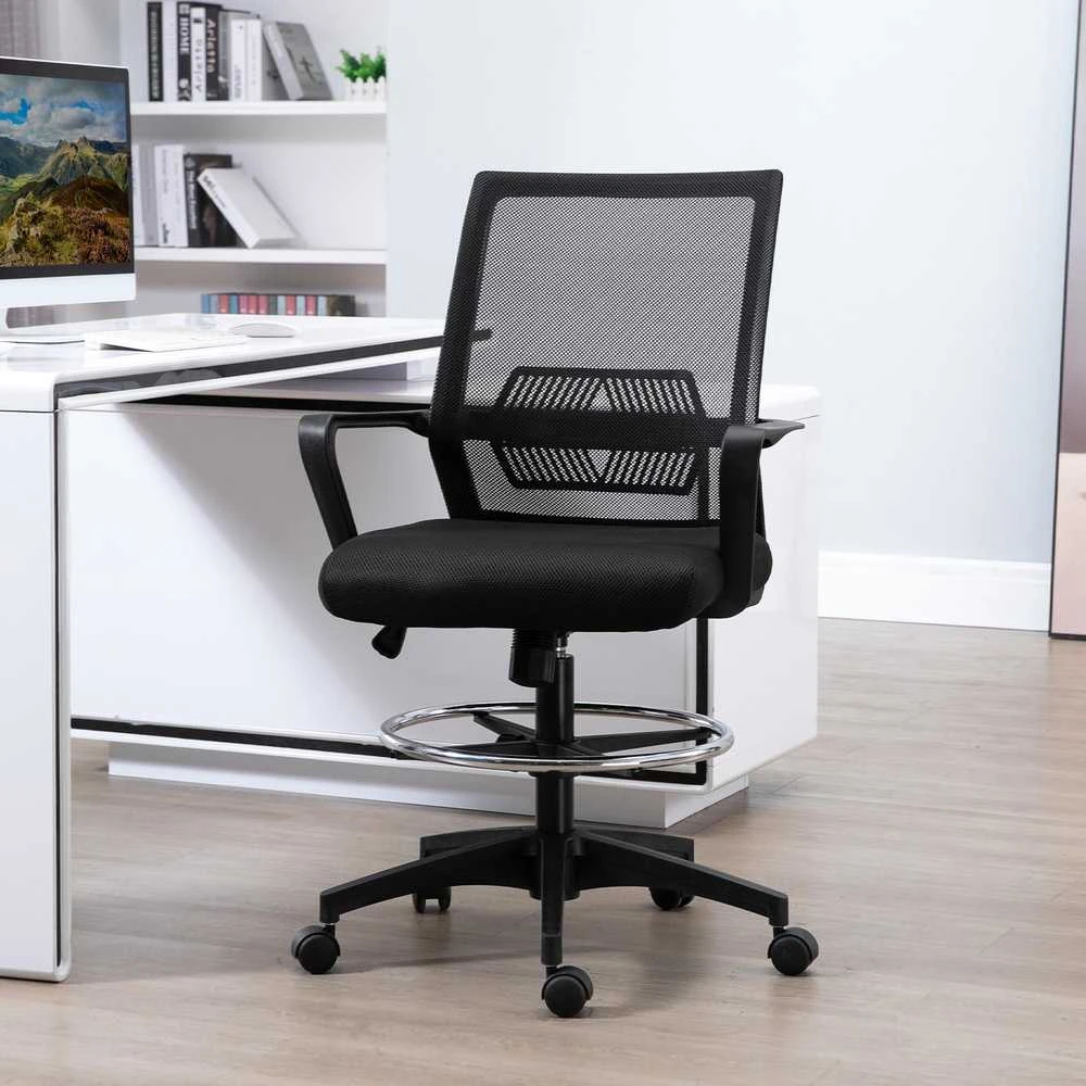 Vinsetto ergonominė biuro kėdė su reguliuojamu pėdų žiedu, juosmens atrama, reguliuojamo aukščio tinkline kėde, supimosi funkcija, kompiuterio kėdė, juoda