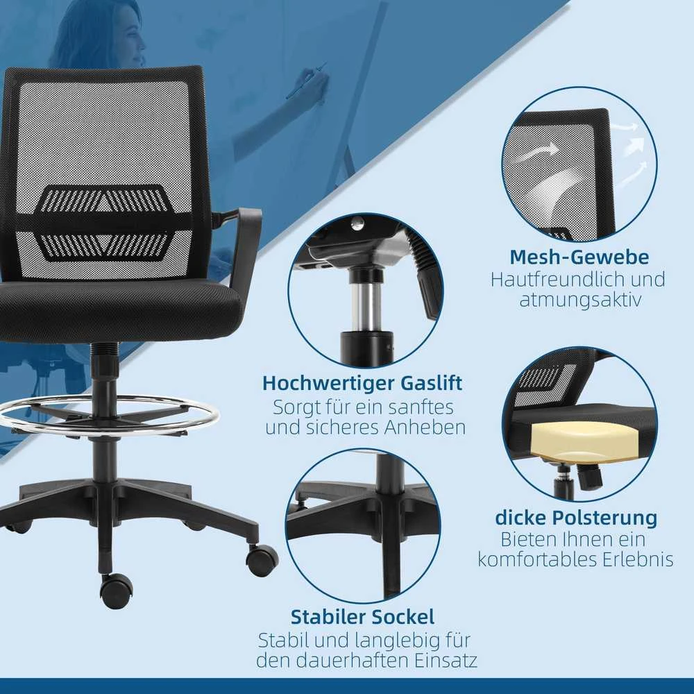 Vinsetto ergonominė biuro kėdė su reguliuojamu pėdų žiedu, juosmens atrama, reguliuojamo aukščio tinkline kėde, supimosi funkcija, kompiuterio kėdė, juoda
