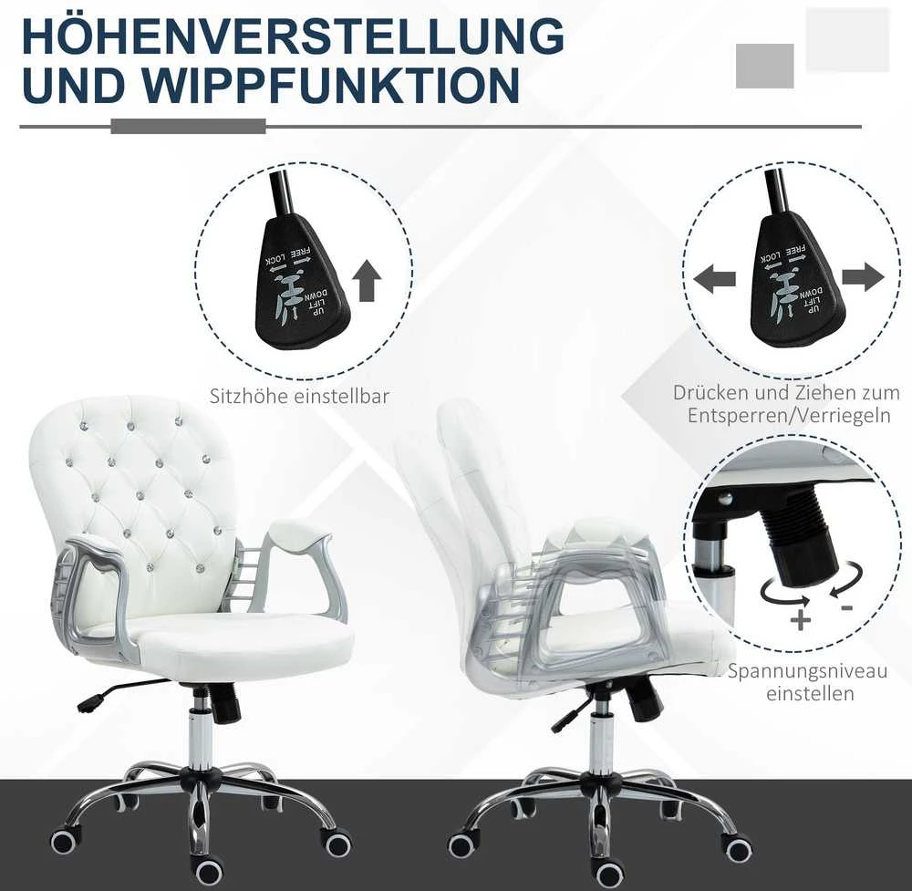 Biuro kėdė Vinsetto, ergonomiška darbo kėdė su porankiais, paminkštintas atlošas, reguliuojamo aukščio kompiuterio kėdė su dirbtinės odos apdaila, sukamoji kėdė namų biurui, balta