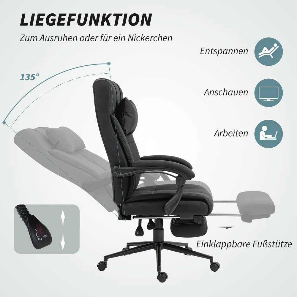 Vinsetto ergonominė biuro kėdė su atlošimo funkcija, galvos atrama, porankiais, reguliuojamu aukščiu ir kojų atrama, juoda