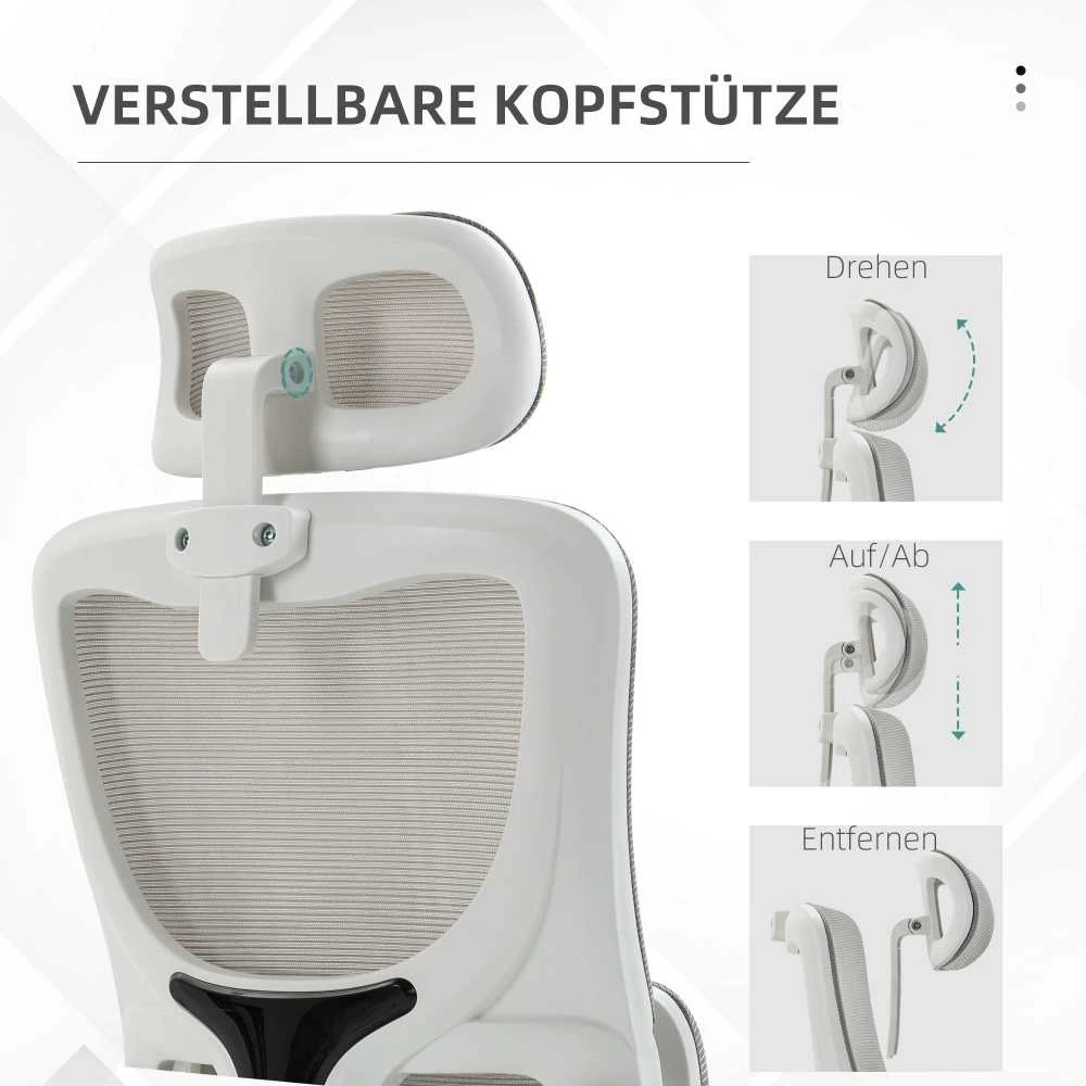 Vinsetto ergonomiška biuro kėdė, reguliuojamo aukščio rašomojo stalo kėdė su reguliuojamais porankiais, galvos atrama, supimosi funkcija, juosmens atrama, tinklinė, pilka
