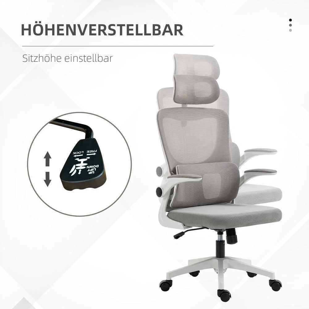 Vinsetto ergonomiška biuro kėdė, reguliuojamo aukščio rašomojo stalo kėdė su reguliuojamais porankiais, galvos atrama, supimosi funkcija, juosmens atrama, tinklinė, pilka