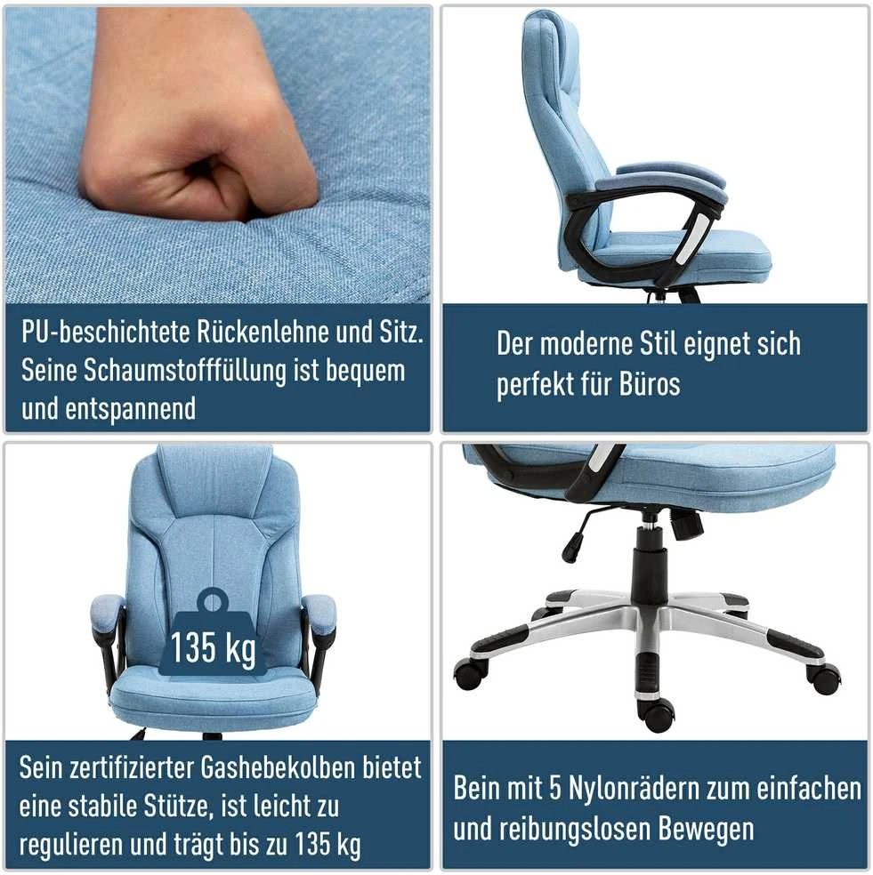 Vinsetto biuro kėdė kompiuterio kėdė sukamoji kėdė aukščio reguliavimas supimosi funkcija šviesiai mėlyna linas 66x75x110-120cm