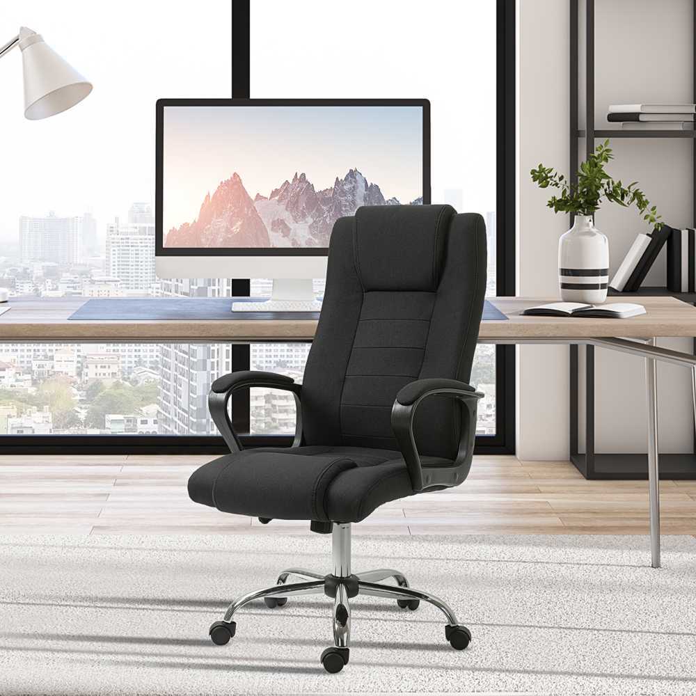 Vinsetto biuro kėdė, kompiuterio kėdė su supimosi funkcija, galvos atrama, ergonomiška, sukiojama, reguliuojamo aukščio, lino tekstūros, juoda, 62 x 62 x 110-119 cm