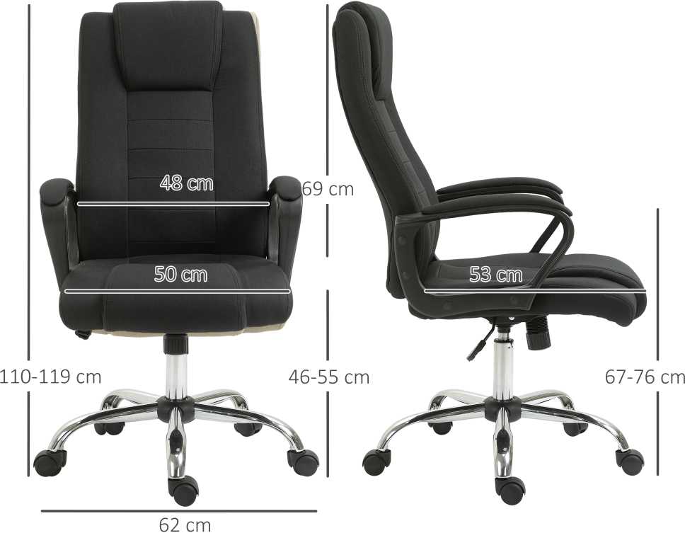 Vinsetto biuro kėdė, kompiuterio kėdė su supimosi funkcija, galvos atrama, ergonomiška, sukiojama, reguliuojamo aukščio, lino tekstūros, juoda, 62 x 62 x 110-119 cm