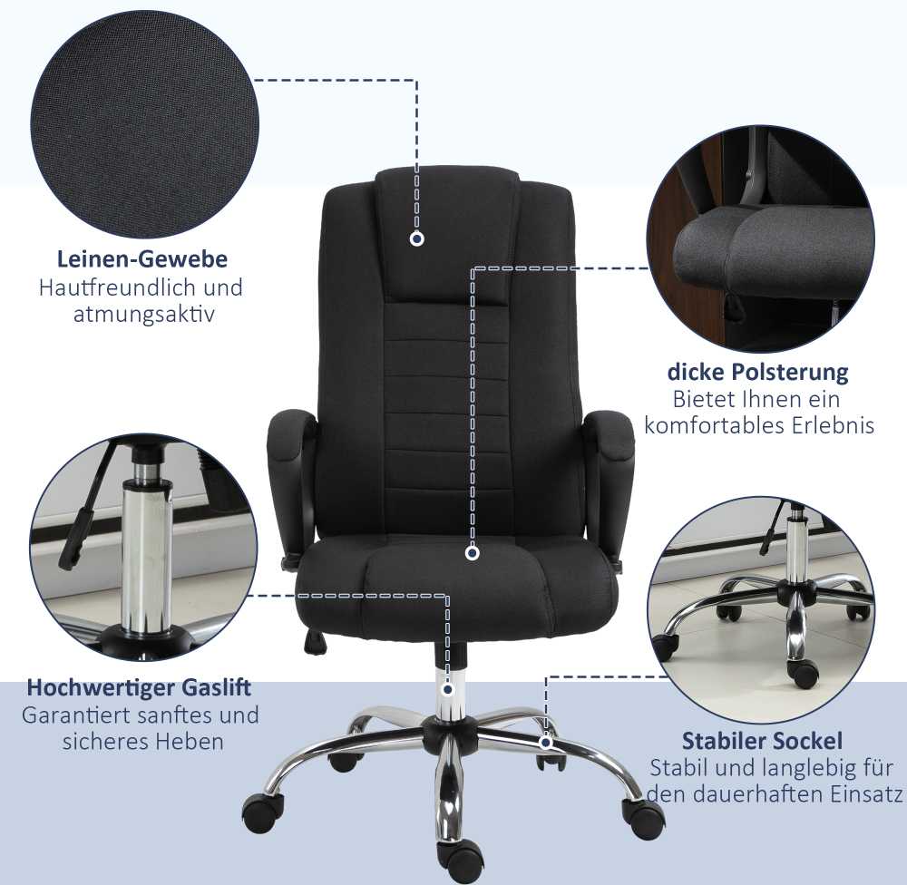 Vinsetto biuro kėdė, kompiuterio kėdė su supimosi funkcija, galvos atrama, ergonomiška, sukiojama, reguliuojamo aukščio, lino tekstūros, juoda, 62 x 62 x 110-119 cm