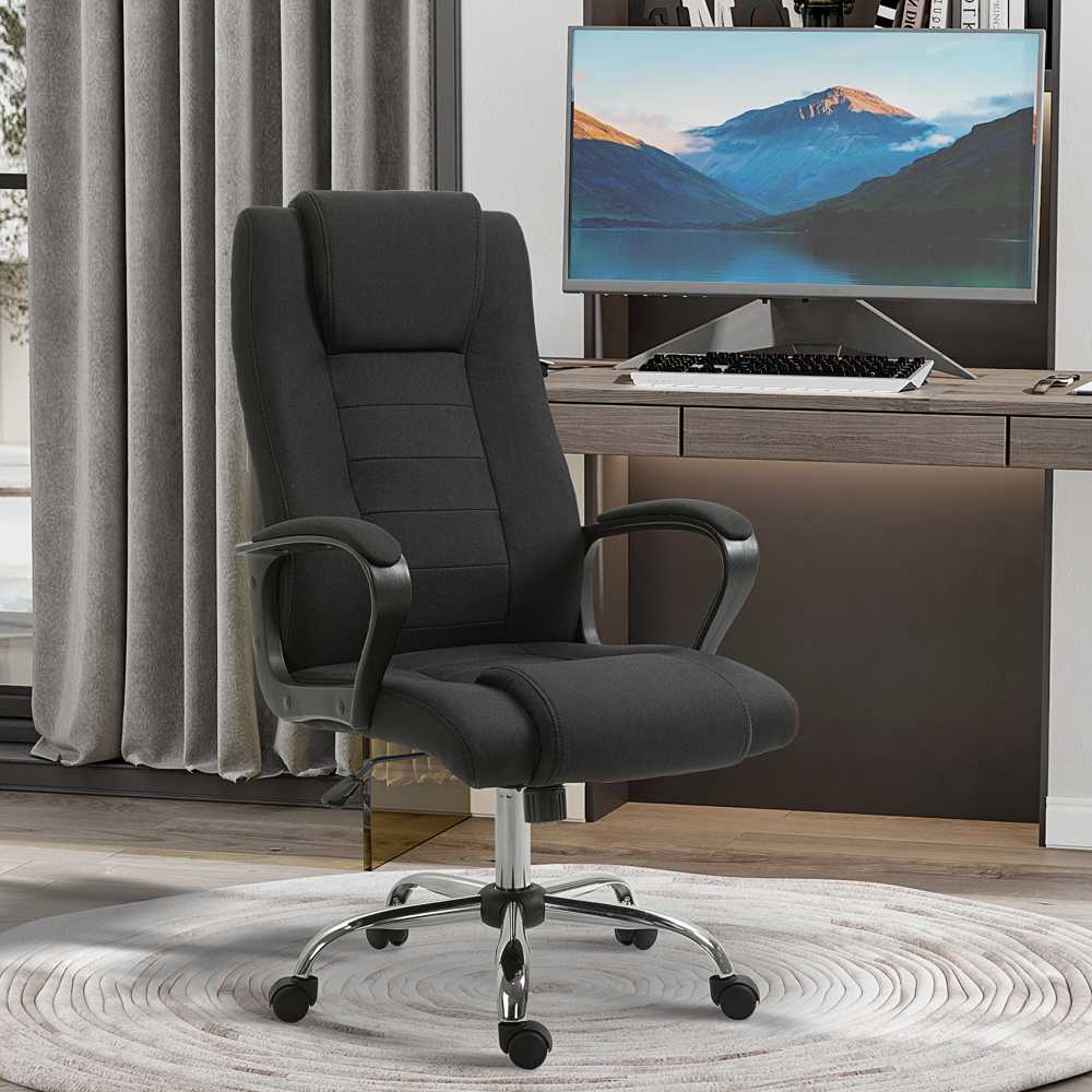 Vinsetto biuro kėdė, kompiuterio kėdė su supimosi funkcija, galvos atrama, ergonomiška, sukiojama, reguliuojamo aukščio, lino tekstūros, juoda, 62 x 62 x 110-119 cm