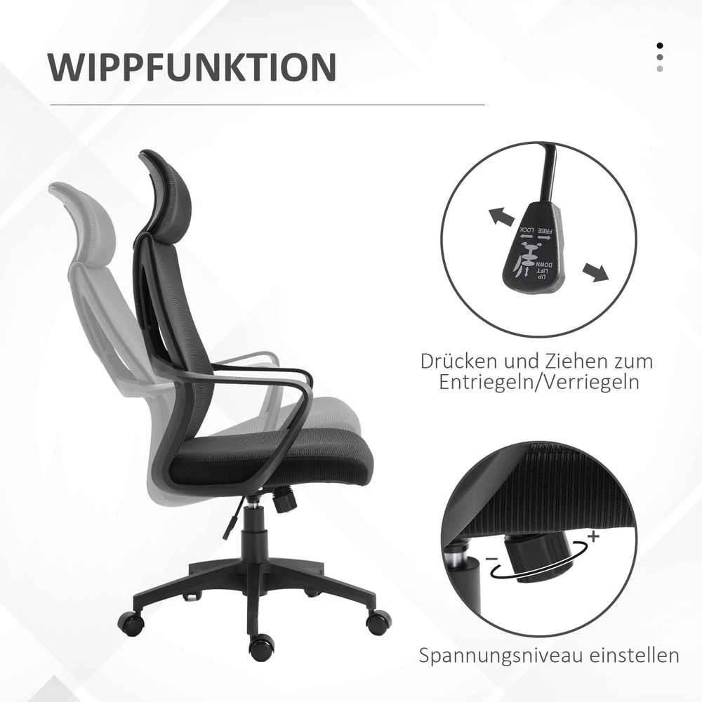 Vinsetto biuro kėdė, aukščio reguliuojama darbo kėdė su supimosi funkcija, porankiais, galvos atrama ir juosmens atrama, juoda