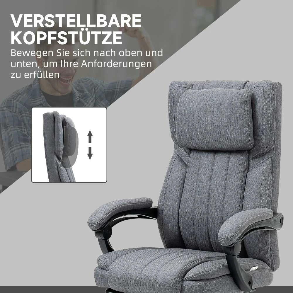 Vinsetto biuro kėdė su 5 masažo režimais, ergonomiška darbo kėdė su atsilenkimo funkcija, reguliuojamu aukščiu, kojų atrama, lino imitacijos, pilka