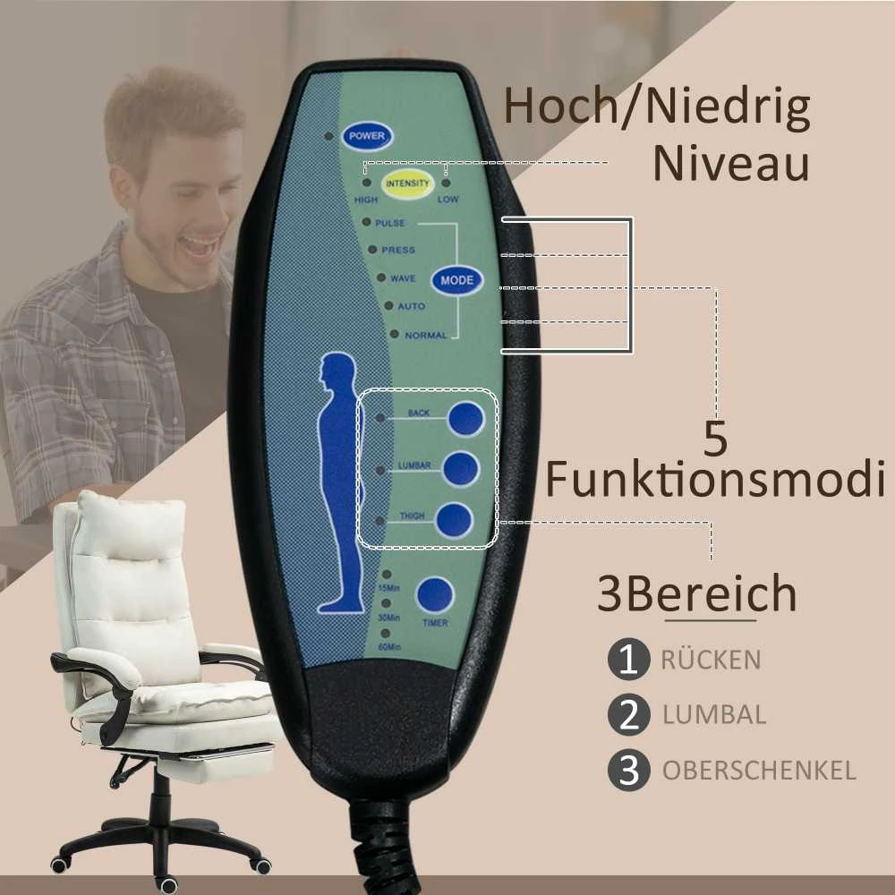 "Vinsetto" biuro kėdė su 6 taškų masažu, ergonomiška žaidimų kėdė su atsilenkimo funkcija, reguliuojamo aukščio vadovo kėdė su atrama kojoms, 120 kg keliamoji galia, skirta studijoms, biurui, kreminės baltos spalvos