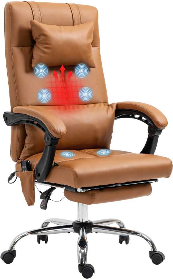 Vinsetto biuro kėdė su masažo funkcija, ergonomiška darbo kėdė su atlošimo mechanizmu, galvos pagalve, reguliuojamu aukščiu, kojų atrama, šildymu, ruda