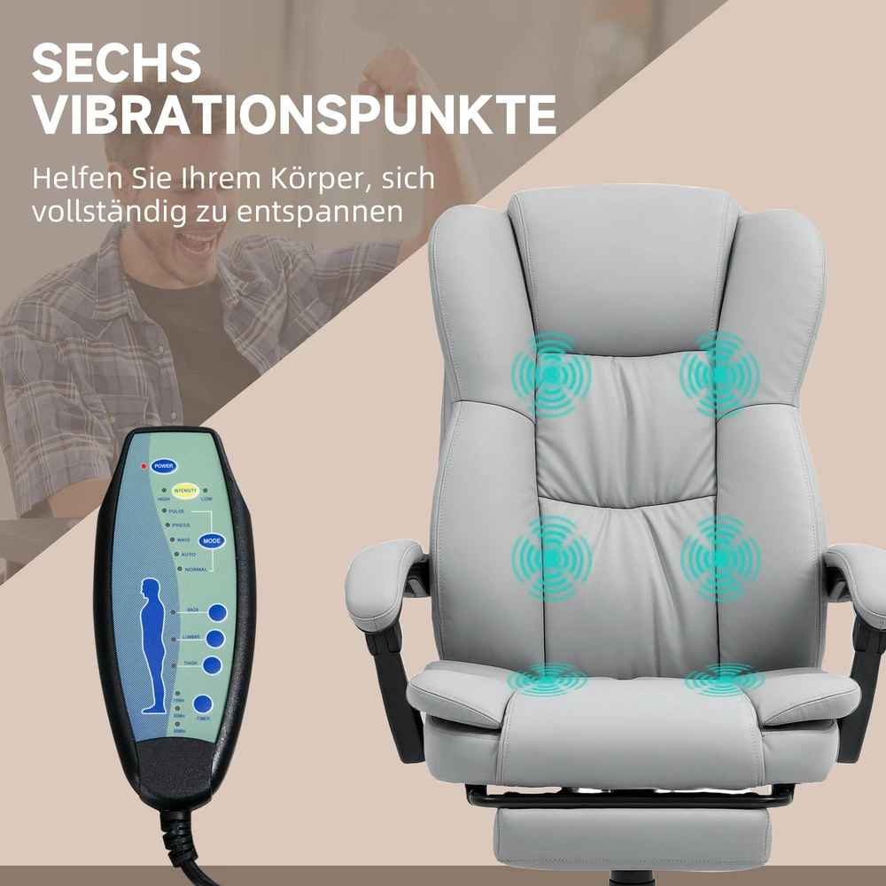 "Vinsetto" biuro kėdė su masažo funkcija, ergonomiška darbo kėdė su atsilenkimo funkcija, reguliuojamo aukščio biuro kėdė su pasukimo funkcija, kojų atrama, nuotolinio valdymo pultelis, dirbtinė oda, šviesiai pilka