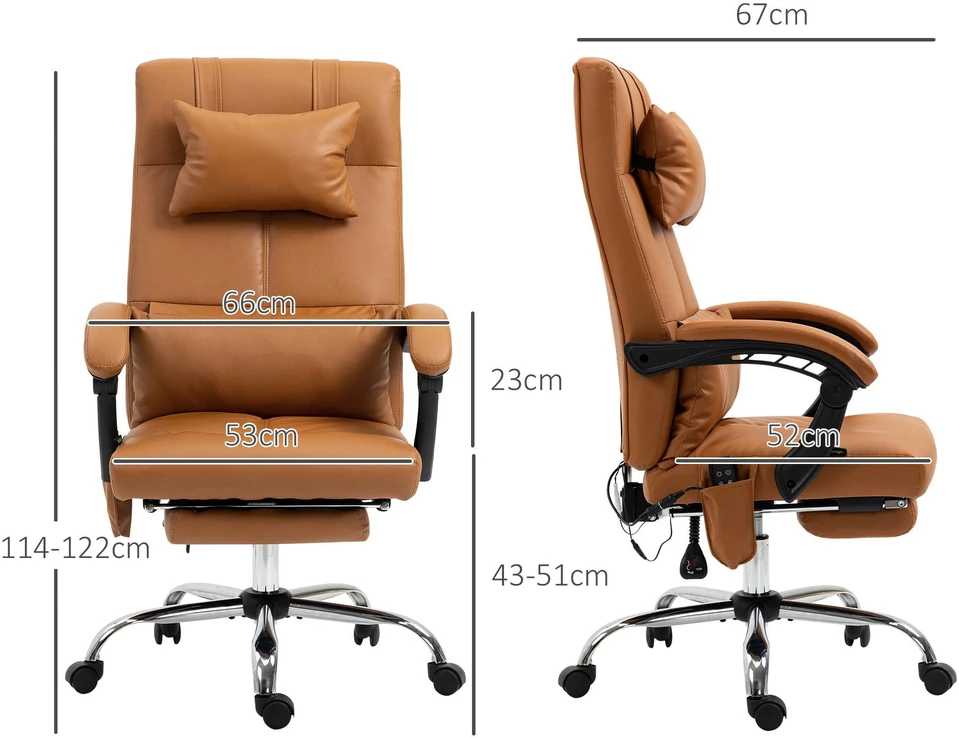 Vinsetto biuro kėdė su masažo funkcija, ergonomiška darbo kėdė su atlošimo mechanizmu, galvos pagalve, reguliuojamu aukščiu, kojų atrama, šildymu, ruda