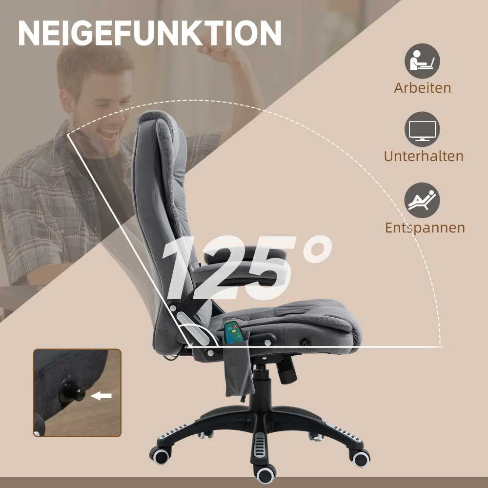 "Vinsetto" biuro kėdė su supimo funkcija, masažo kėdė su šilumos funkcija, ergonomiška, reguliuojamo aukščio, 120 kg svorio, pakraunama tamsiai pilka