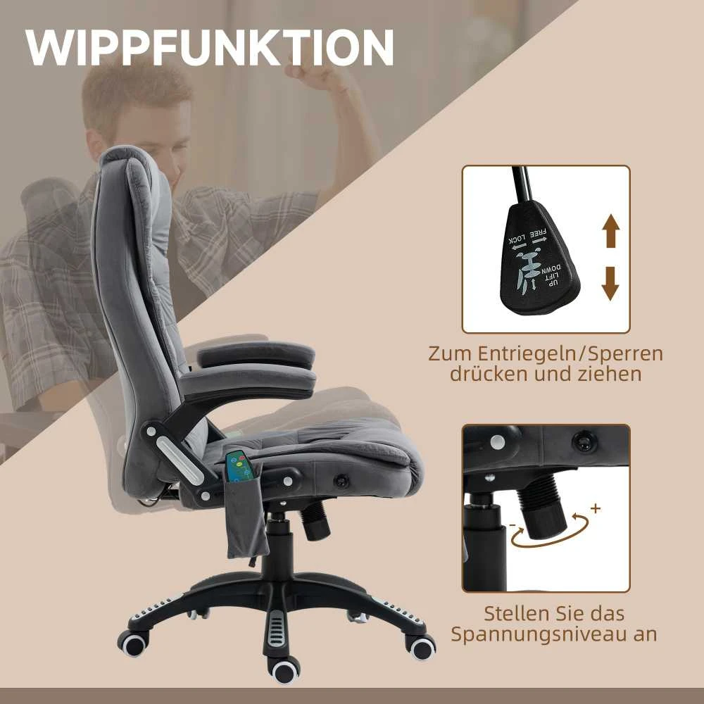 "Vinsetto" biuro kėdė su supimo funkcija, masažo kėdė su šilumos funkcija, ergonomiška, reguliuojamo aukščio, 120 kg svorio, pakraunama tamsiai pilka