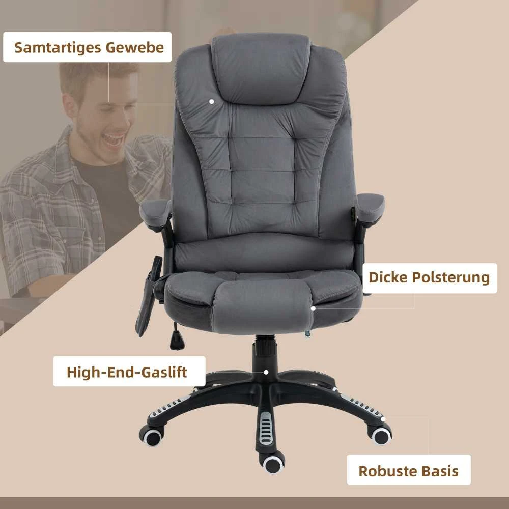 "Vinsetto" biuro kėdė su supimo funkcija, masažo kėdė su šilumos funkcija, ergonomiška, reguliuojamo aukščio, 120 kg svorio, pakraunama tamsiai pilka