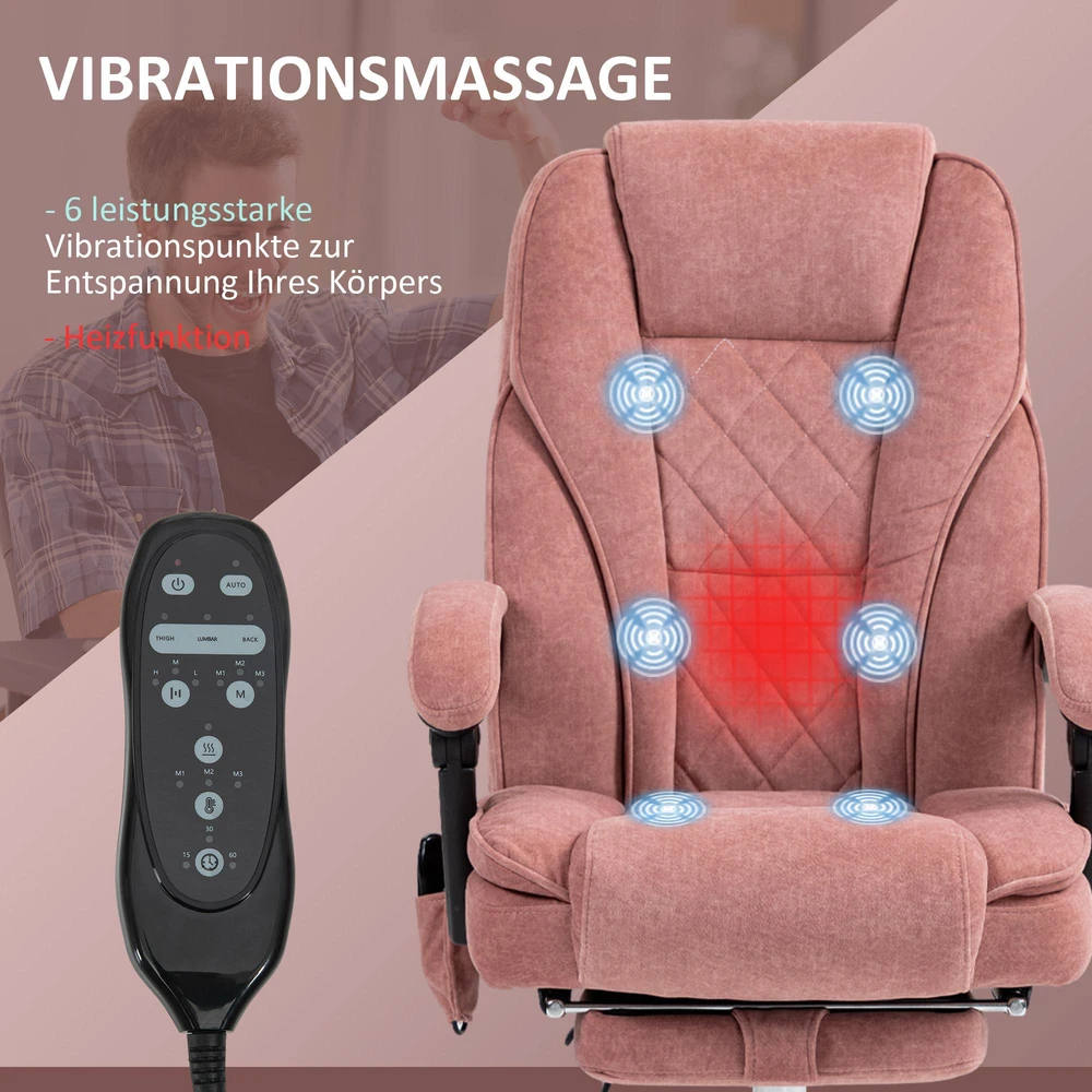 Vinsetto biuro kėdė su vibraciniu masažu, ergonomiška rašomojo stalo kėdė su atlošimo funkcija, šildymu, reguliuojamo aukščio sukama kėdė su kojų atrama, nuotolinio valdymo pultelis, šoninė kišenė, rožinė