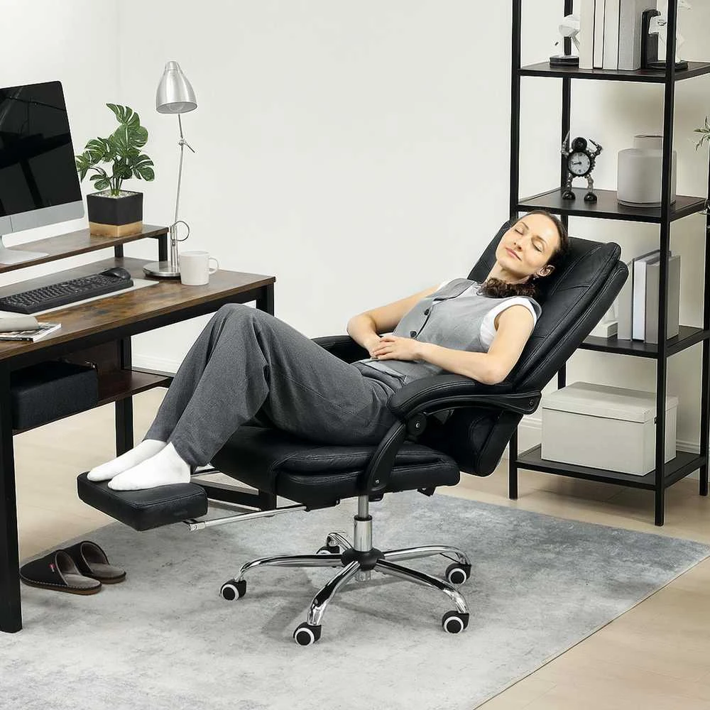 Vinsetto biuro kėdė su vibraciniu masažu, ergonomiškas vadovo krėslas su juosmens šildymu, atlošimo funkcija, kojų atrama, reguliuojamo aukščio darbo kėdė, sukama kėdė su šonine kišene, juoda