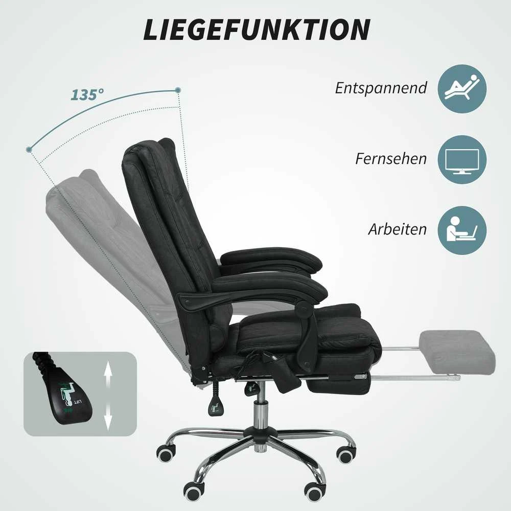 Vinsetto biuro kėdė su vibraciniu masažu, ergonomiškas vadovo krėslas su juosmens šildymu, atlošimo funkcija, kojų atrama, reguliuojamo aukščio darbo kėdė, sukama kėdė su šonine kišene, juoda