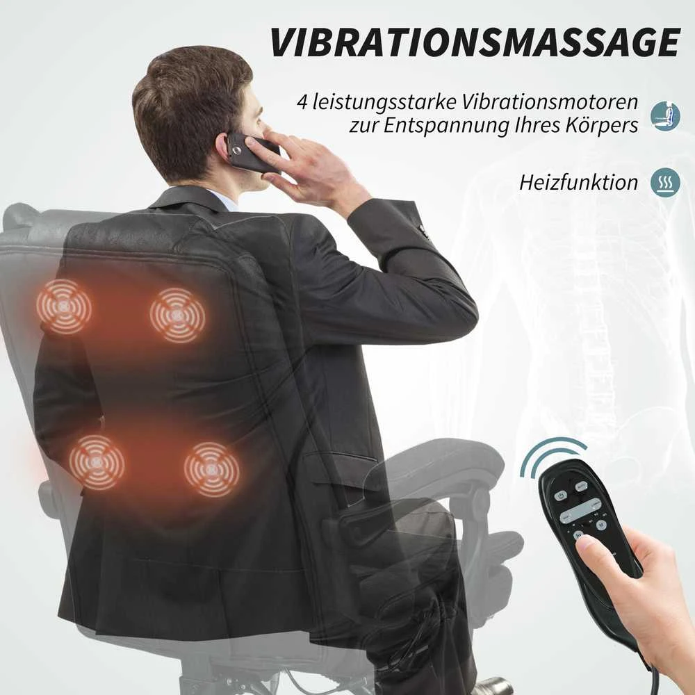 Vinsetto biuro kėdė su vibraciniu masažu, ergonomiškas vadovo krėslas su juosmens šildymu, atlošimo funkcija, kojų atrama, reguliuojamo aukščio darbo kėdė, sukama kėdė su šonine kišene, juoda