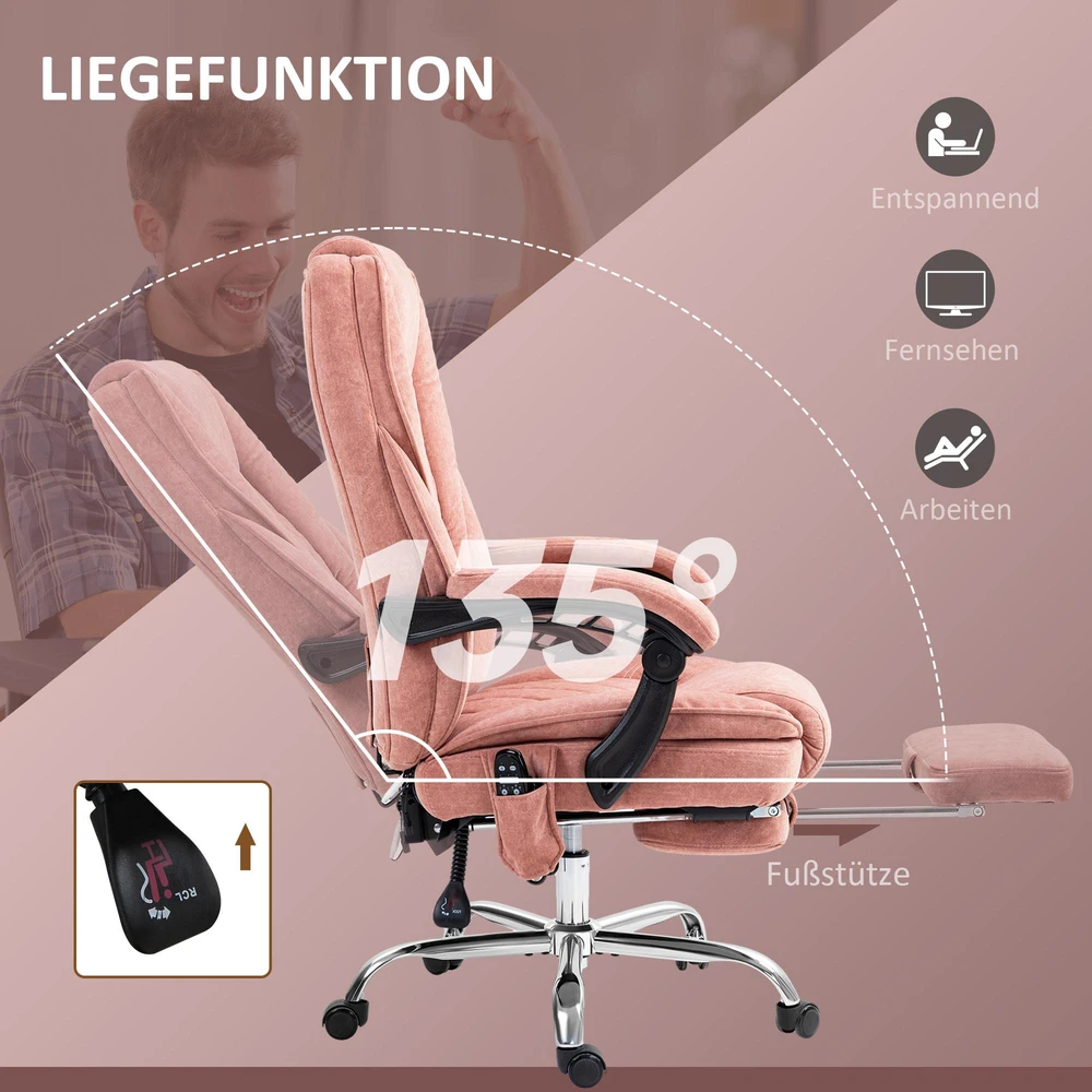 Vinsetto biuro kėdė su vibraciniu masažu, ergonomiška rašomojo stalo kėdė su atlošimo funkcija, šildymu, reguliuojamo aukščio sukama kėdė su kojų atrama, nuotolinio valdymo pultelis, šoninė kišenė, rožinė