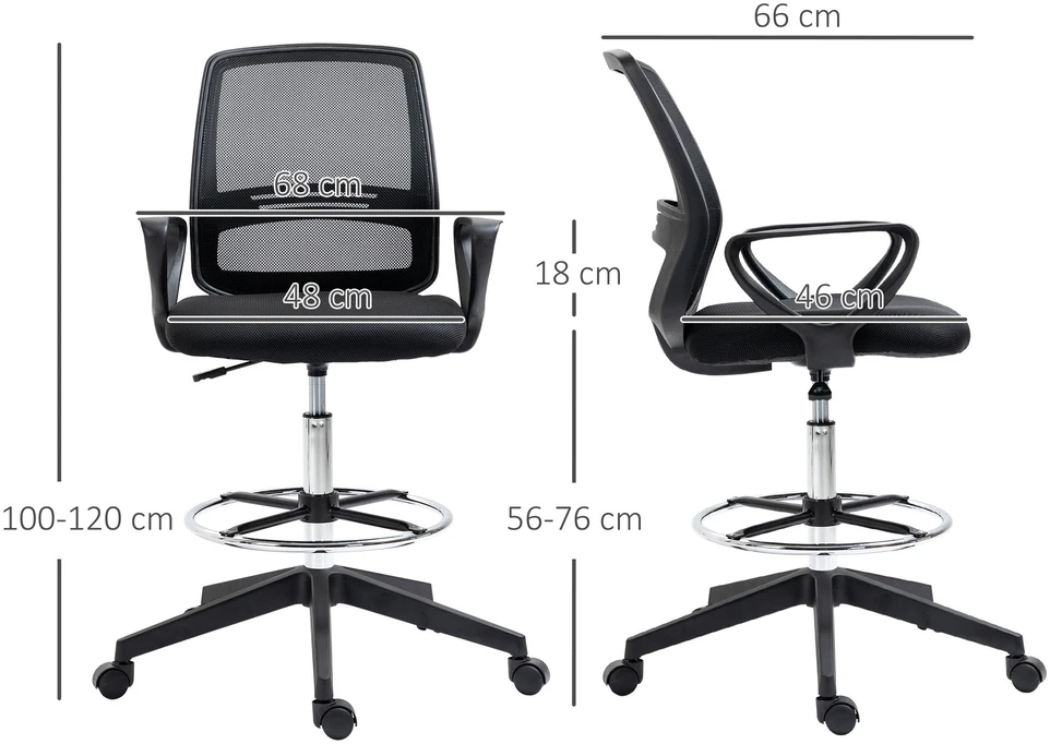 Vinsetto darbo kėdė, ergonomiška sukamoji kėdė, biuro kėdė, reguliuojamo aukščio stovimoji kėdė, kojų atrama, metalas, juoda, 59,5x60x102,5–126 cm
