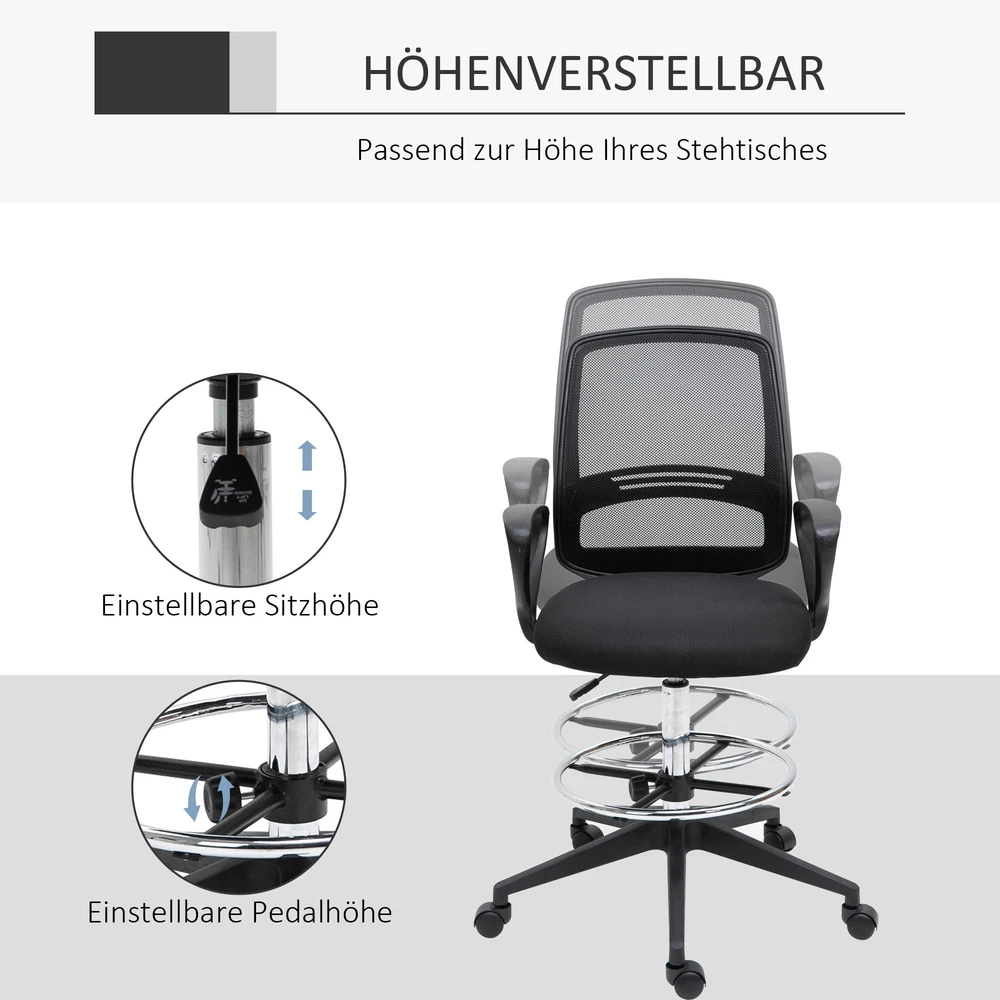 Vinsetto darbo kėdė, ergonomiška sukamoji kėdė, biuro kėdė, reguliuojamo aukščio stovimoji kėdė, kojų atrama, metalas, juoda, 59,5x60x102,5–126 cm
