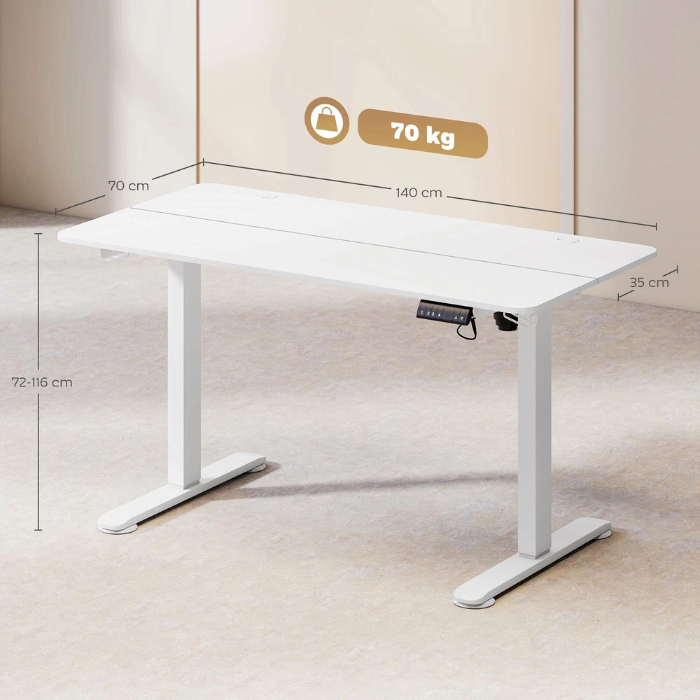Vinsetto elektrinis reguliuojamo aukščio rašomasis stalas 140x70cm, kompiuterio stalas su 4 atminties nustatymais, ergonomiškas stovimas stalas su kabliuku ir apsauga nuo susidūrimo, baltas