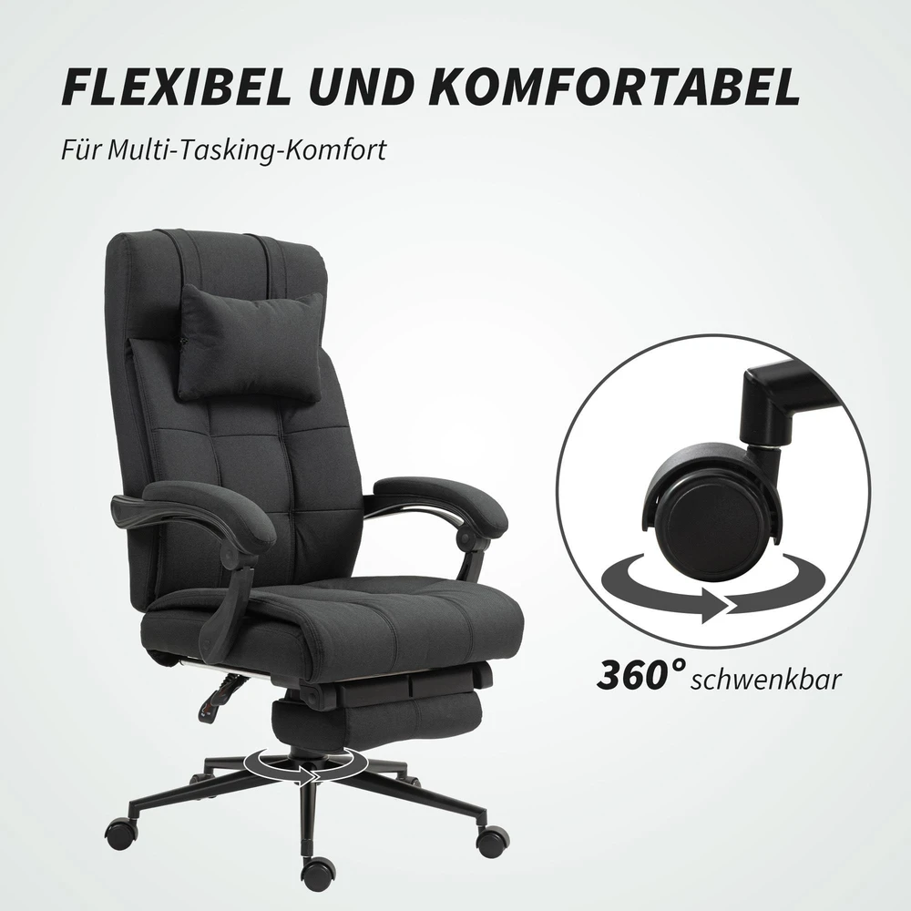 Vinsetto ergonominė biuro kėdė su atlošimo funkcija, galvos atrama, porankiais, reguliuojamu aukščiu ir kojų atrama, juoda