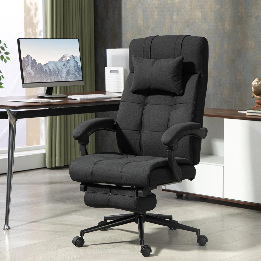 Vinsetto ergonominė biuro kėdė su atlošimo funkcija, galvos atrama, porankiais, reguliuojamu aukščiu ir kojų atrama, juoda