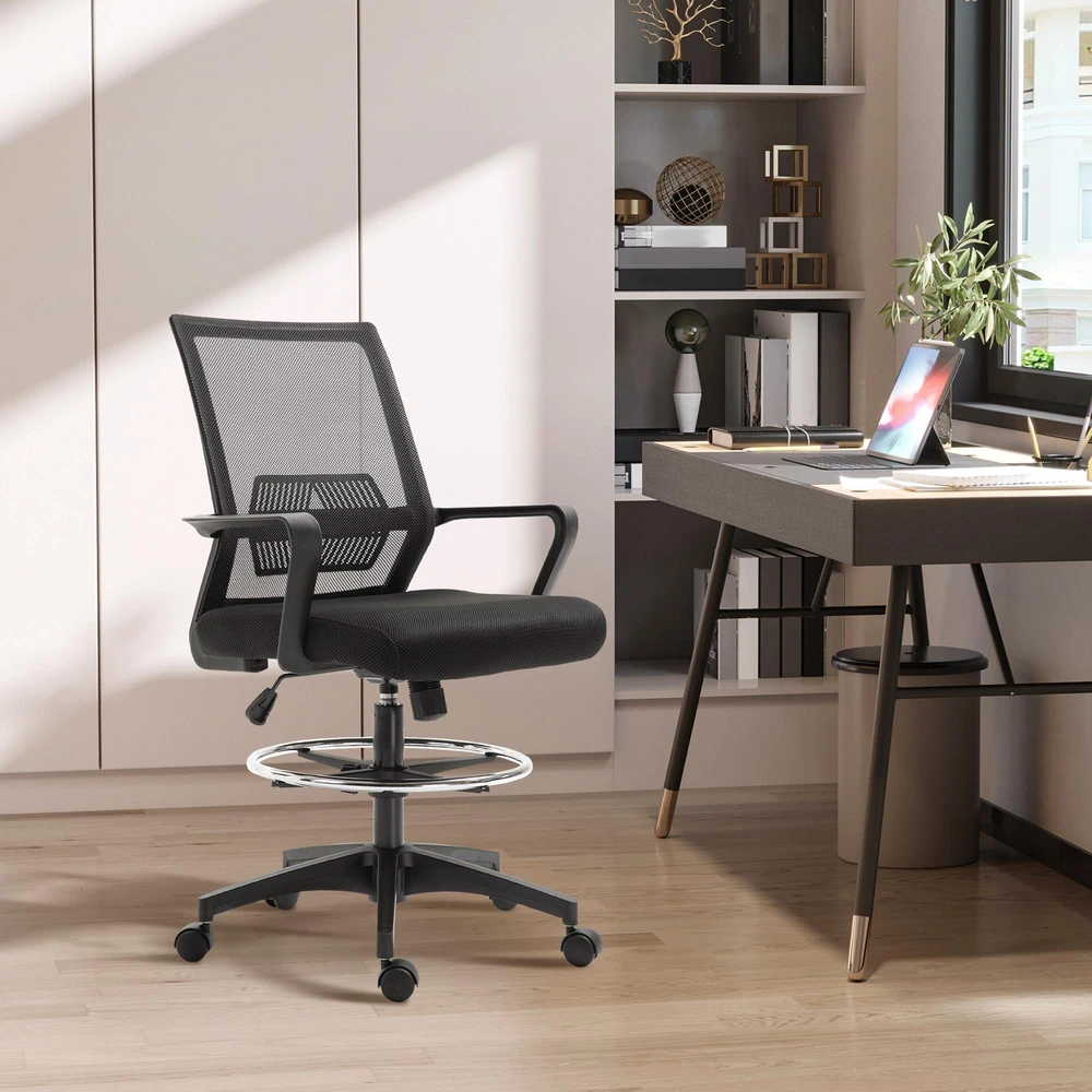Vinsetto ergonominė biuro kėdė su reguliuojamu pėdų žiedu, juosmens atrama, reguliuojamo aukščio tinkline kėde, supimosi funkcija, kompiuterio kėdė, juoda