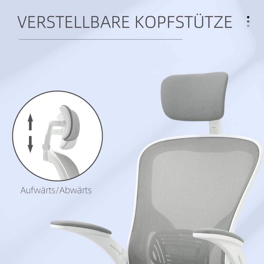 Vinsetto biuro kėdė, ergonomiška kėdė su supimosi funkcija, aukštu atlošu, juosmens atrama, galvos atrama ir atlenkiamais porankiais, pilka, 65 x 64 x 114–122 cm