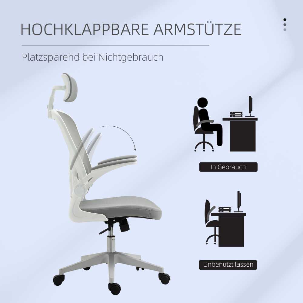 Vinsetto biuro kėdė, ergonomiška kėdė su supimosi funkcija, aukštu atlošu, juosmens atrama, galvos atrama ir atlenkiamais porankiais, pilka, 65 x 64 x 114–122 cm