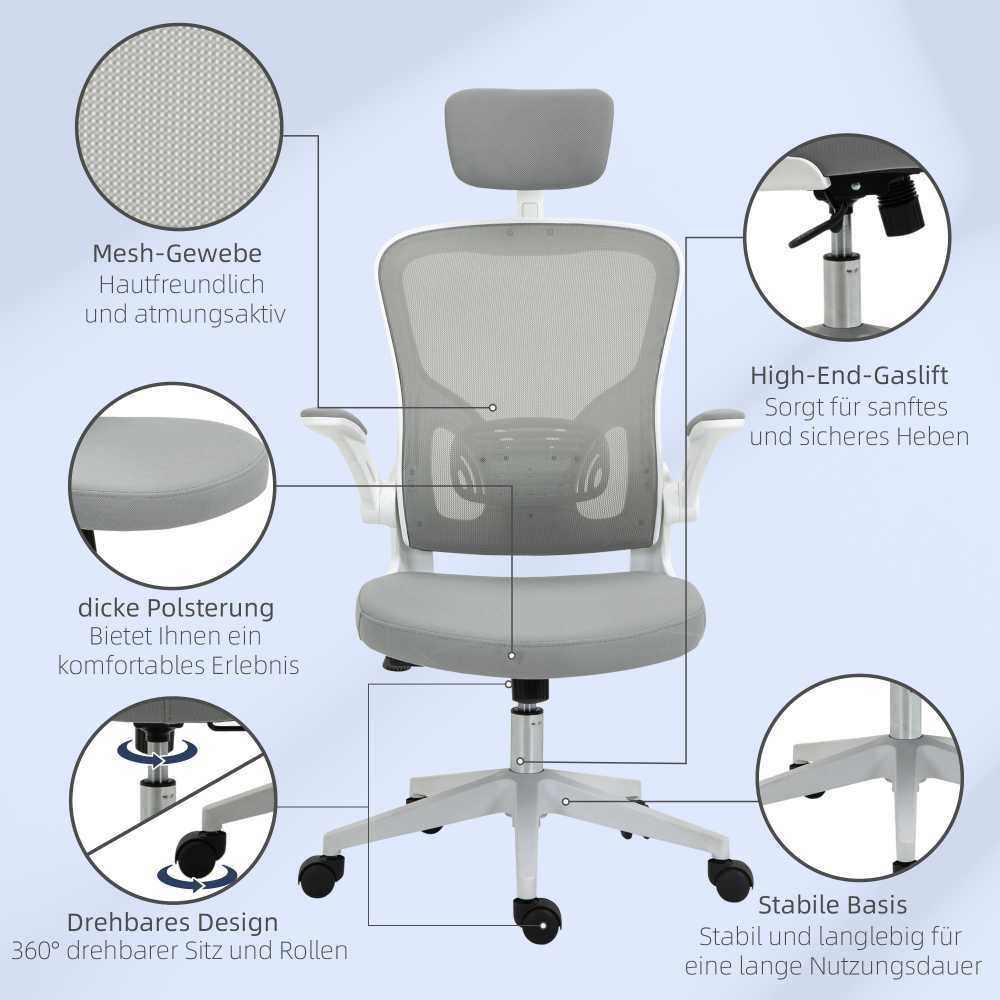 Vinsetto biuro kėdė, ergonomiška kėdė su supimosi funkcija, aukštu atlošu, juosmens atrama, galvos atrama ir atlenkiamais porankiais, pilka, 65 x 64 x 114–122 cm