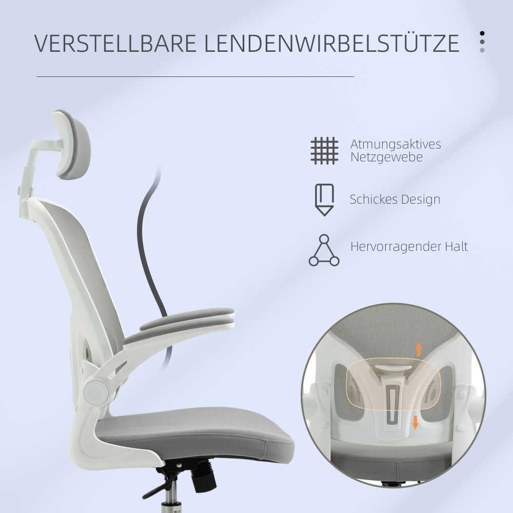 Vinsetto biuro kėdė, ergonomiška kėdė su supimosi funkcija, aukštu atlošu, juosmens atrama, galvos atrama ir atlenkiamais porankiais, pilka, 65 x 64 x 114–122 cm