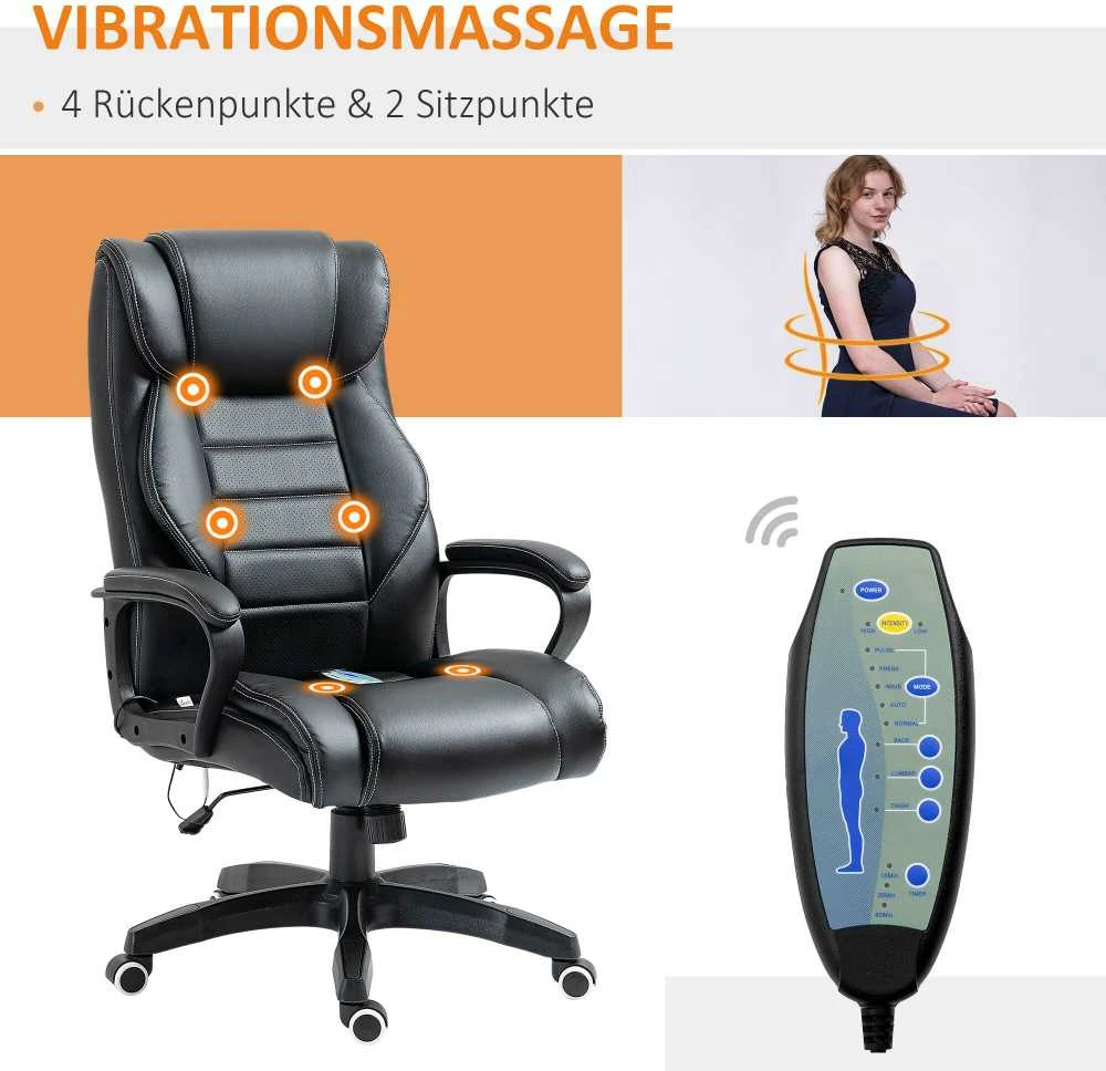 Vinsetto masažinė kėdė, pasukama, reguliuojamo aukščio ergonomiška žaidimų kėdė, kompiuterio kėdė, 6 vibracijos taškai, lino pojūtis, reguliuojama, juoda