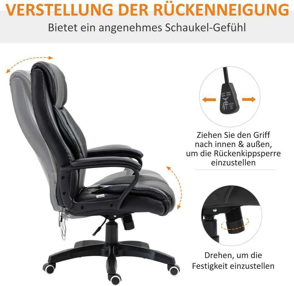 Vinsetto masažinė kėdė, pasukama, reguliuojamo aukščio ergonomiška žaidimų kėdė, kompiuterio kėdė, 6 vibracijos taškai, lino pojūtis, reguliuojama, juoda