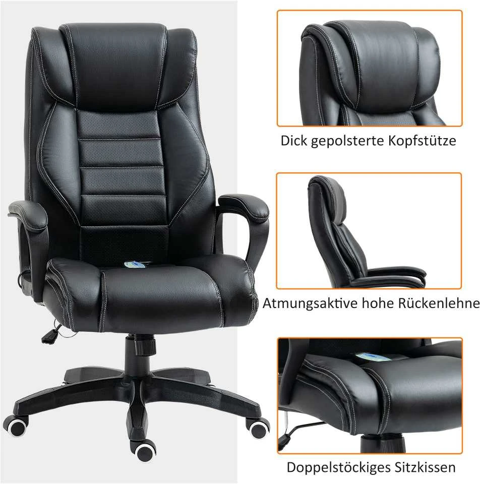 Vinsetto masažinė kėdė, pasukama, reguliuojamo aukščio ergonomiška žaidimų kėdė, kompiuterio kėdė, 6 vibracijos taškai, lino pojūtis, reguliuojama, juoda