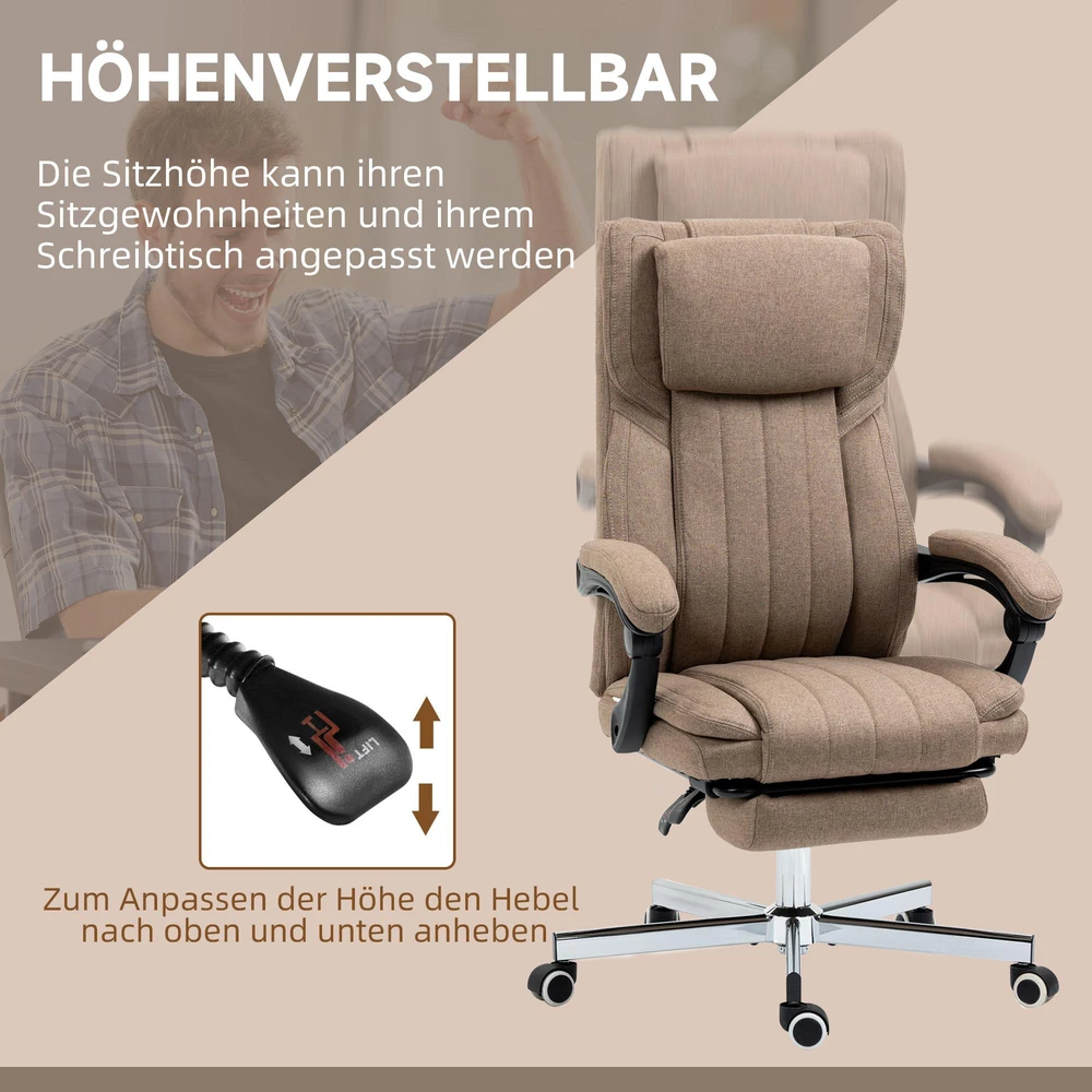 Vinsetto ergonomiška biuro kėdė su 5 masažo režimais, reguliuojamu atlošu, galvos atrama, kojų atrama, aukščiu reguliuojama, besisukanti, su nuotolinio valdymo pultu, lino audinio išvaizdos, ruda
