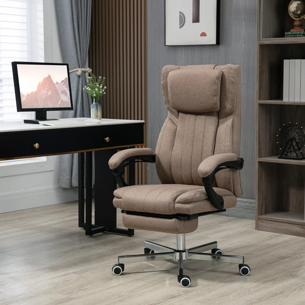 Vinsetto ergonomiška biuro kėdė su 5 masažo režimais, reguliuojamu atlošu, galvos atrama, kojų atrama, aukščiu reguliuojama, besisukanti, su nuotolinio valdymo pultu, lino audinio išvaizdos, ruda
