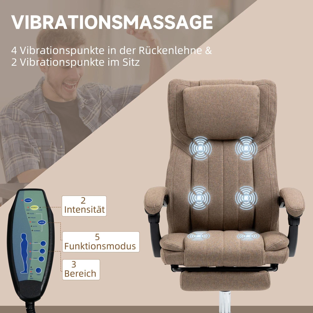Vinsetto ergonomiška biuro kėdė su 5 masažo režimais, reguliuojamu atlošu, galvos atrama, kojų atrama, aukščiu reguliuojama, besisukanti, su nuotolinio valdymo pultu, lino audinio išvaizdos, ruda