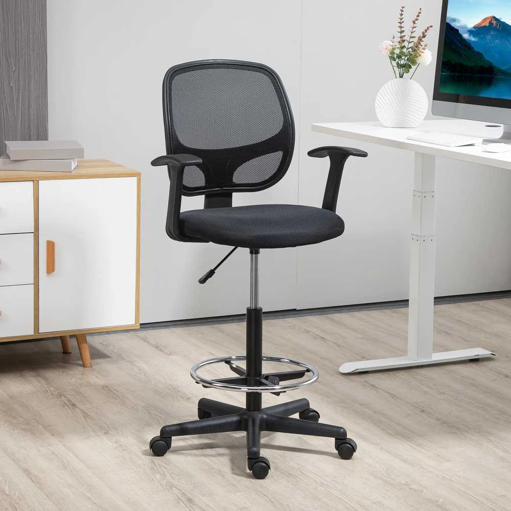 Vinsetto ergonominė biuro kėdė, darbo kėdė, sukamoji kėdė, kėdė piešimui, reguliuojamas kojų žiedas, iki 120 kg, juoda, 60x56x110-132 cm