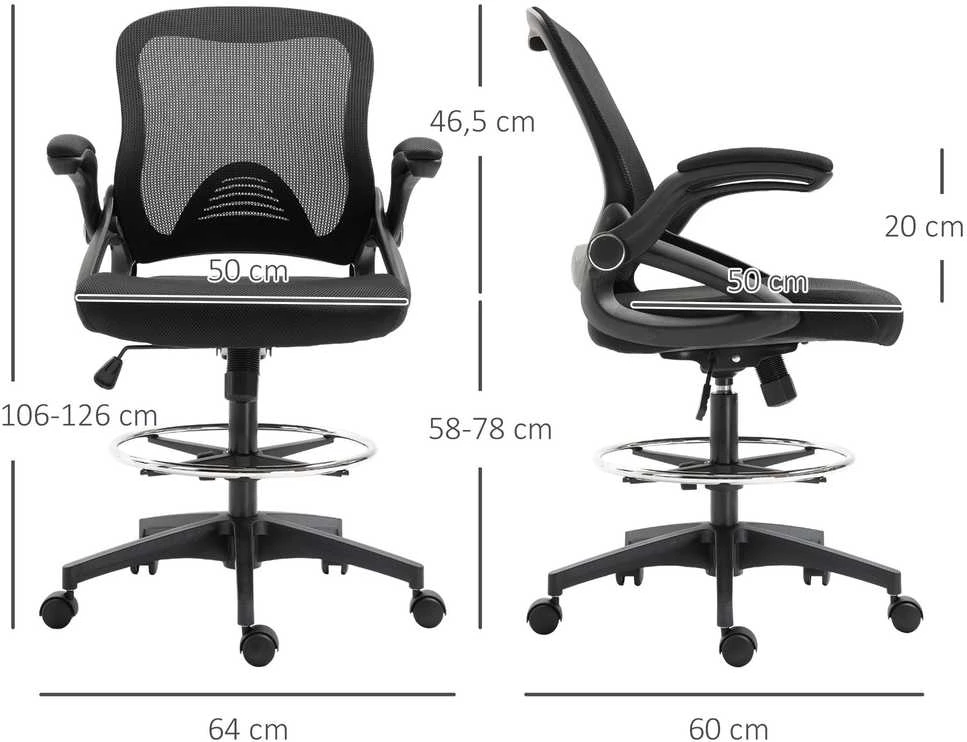 Vinsetto rašomojo stalo kėdė, ergonomiška biuro kėdė, besisukanti 360°, su reguliuojamu kojų žiedu, atlaiko iki 120 kg, tinklelis, juoda, 106-126 cm