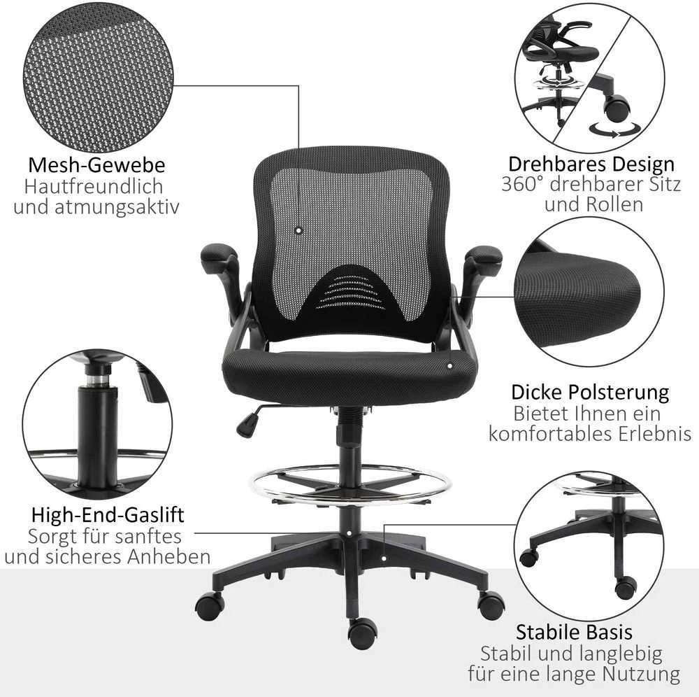 Vinsetto rašomojo stalo kėdė, ergonomiška biuro kėdė, besisukanti 360°, su reguliuojamu kojų žiedu, atlaiko iki 120 kg, tinklelis, juoda, 106-126 cm