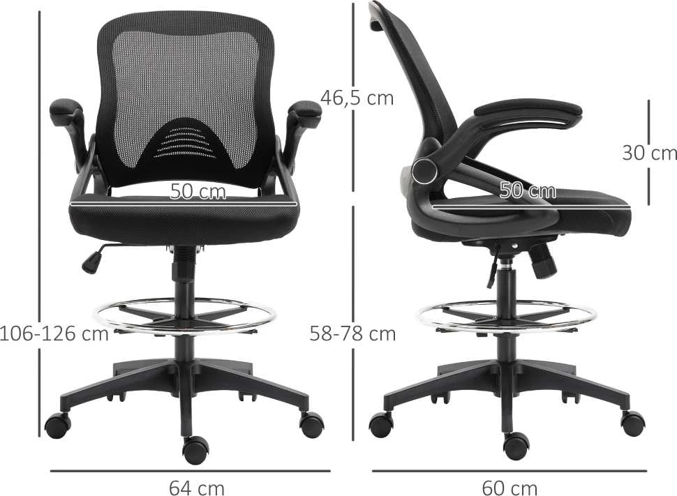 Vinsetto rašomojo stalo kėdė, ergonomiška biuro kėdė, besisukanti 360°, su reguliuojamu kojų žiedu, atlaiko iki 120 kg, tinklelis, juoda, 106-126 cm